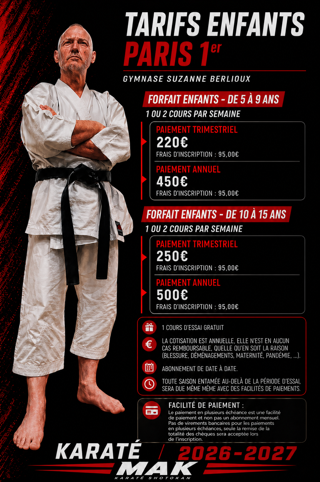 Tarifs enfants karaté Paris 1er MAK 2026-2027